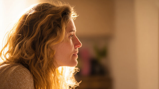 Woman with curly hair looks thoughtfully out of window during morning light in a cozy indoor space