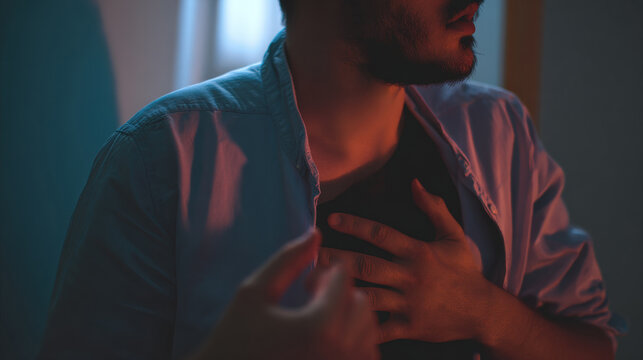 Man holds his chest while standing in a dimly lit room at night