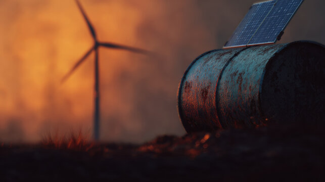 Renewable energy sources in use at sunset with solar panel and wind turbine