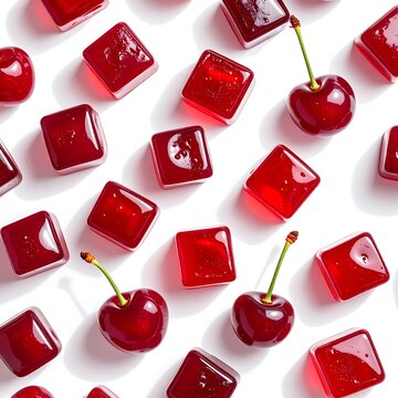 Fresh cherries and red jelly cubes on white background.