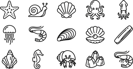 Obraz premium Sea life marine animals and seafood line icon set featuring octopus shrimp starfish jellyfish oyster and crab vector