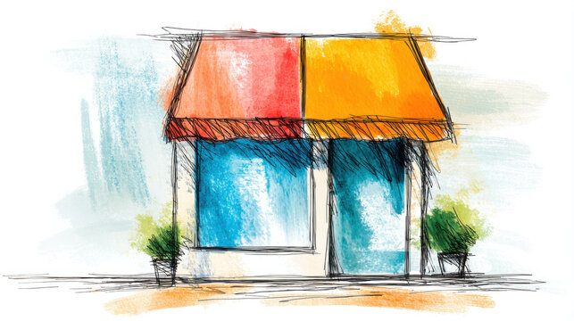 Small shop with colorful awning and plants outside on a sunny day