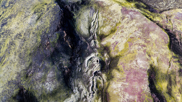Aerial view of the Laki fissure showing volcanic rock formations, moss-covered terrain, and rugged textures in the Icelandic highlands Kirkjubaejarklaustur, Skaftarhreppur, Iceland.