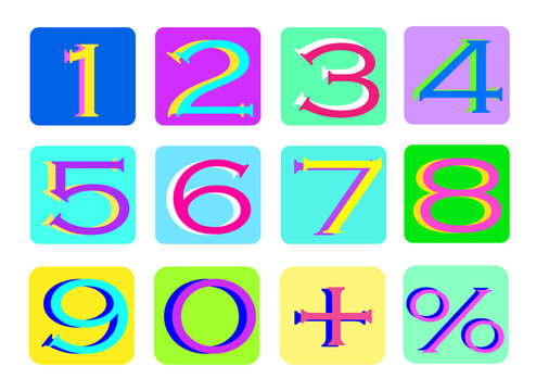 vector alphabet set, Vibrant numbers collection 0-9 set isolated on white background for education and design.