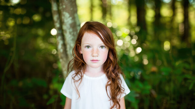 Young girl standing in a forest with sunlight filtering through trees