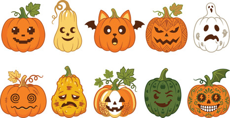 Naklejka premium Cute Halloween Pumpkin Character and Jack O Lantern Face Vector Icon Set, Whimsical Autumn Holiday Illustration Collection
