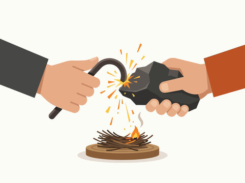 Two hands using flint and steel to start a fire with sparks falling on kindling.