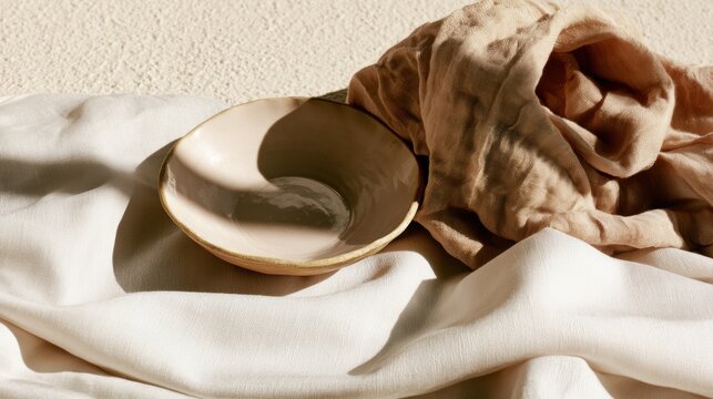 Ceramic bowl on a soft cloth with a warm fabric nearby in a bright setting