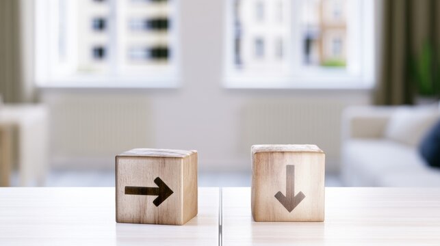 Wooden blocks with arrows on table in modern room with windows showing city view