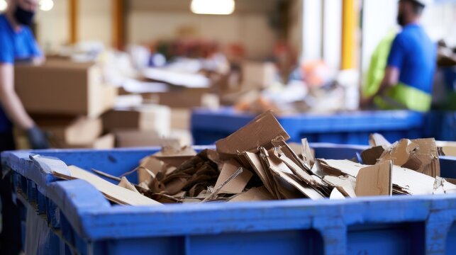 Workers sort and recycle cardboard in a facility during the day