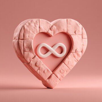 A 3D render shows a heart made of clay with an infinity symbol inside on a blush background. The heart has a puzzle-like design.