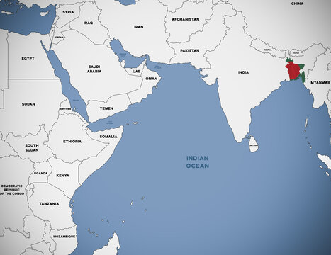 Illustration of a map of Asia with Bangladesh highlighted with the Bangladeshi national flag.