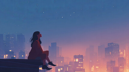 Naklejka premium Woman sitting on rooftop at dusk, gazing at city skyline with illuminated buildings and starry sky, creating a serene urban atmosphere in a digital illustration