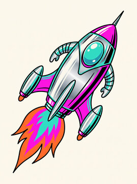 Retro chrome rocket flying upward with fiery exhaust, vintage space vector clipart