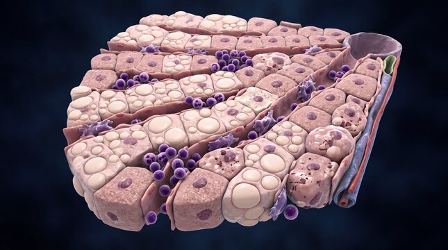 Detailed illustration of cellular structures showcasing unique patterns and textures under microscopic view.