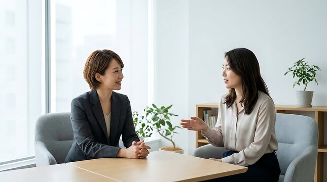 Two women having a business meeting in an office, discussing ideas and collaborating effectively