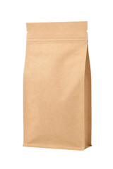Empty brown kraft paper pouch bag with a zipper closure stands upright on a clean white background © Chinases