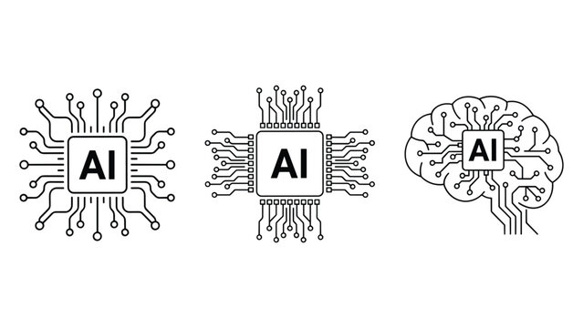 AI Chip and Brain Icon: A set of three iconic representations of artificial intelligence, featuring AI chips and a stylized brain with integrated circuitry.