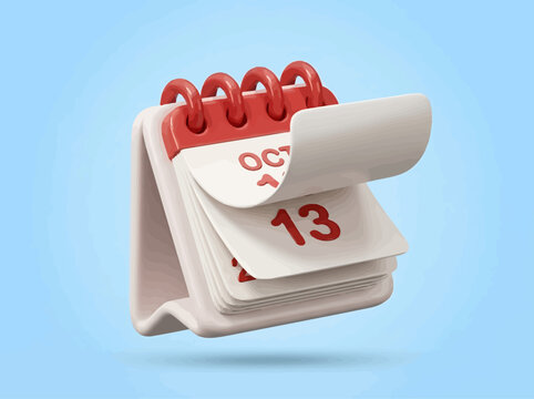 3D render illustration of a desk calendar with flipped pages on a light blue background
