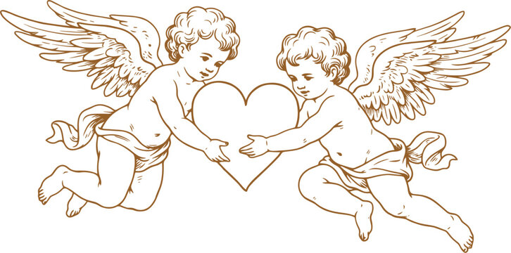 Vintage cherub angels holding heart vector illustration, classic cupid line art isolated on white background
