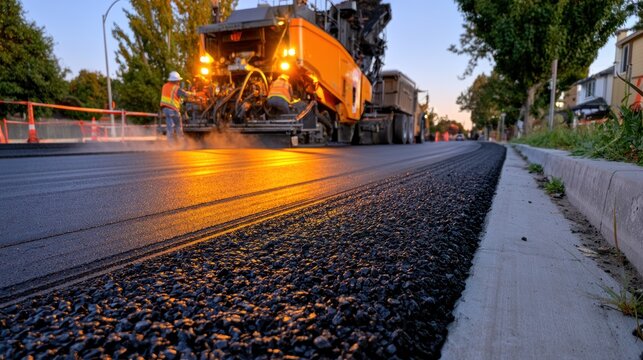 Heavy machinery paving new asphalt road surface construction