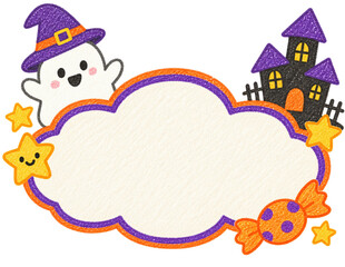Fototapeta premium Cute Halloween Ghost and Haunted House Colored Pencil Label