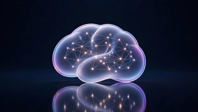 Glowing digital brain with network light on dark background, symbolizing ai software development, machine learning, data flow and intelligent code creation.