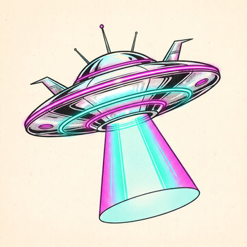 Retro flying saucer with antenna fins projecting light beam, vintage sci-fi vector illustration