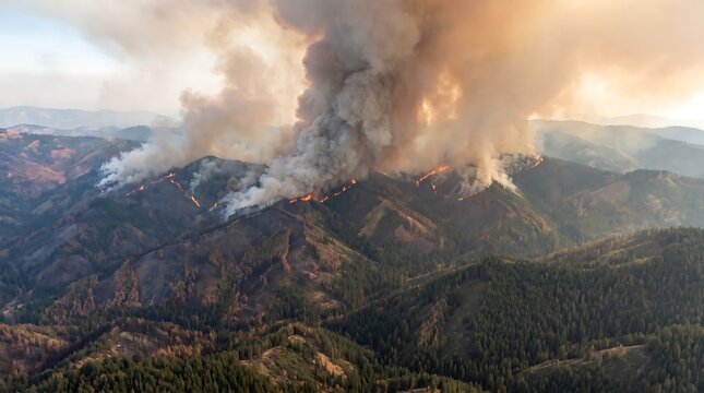 Forest wildfire burning mountain landscape with massive smoke plume during daytime disaster
