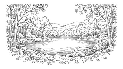 Obraz premium Scenic Forest Lake and Mountain Landscape Line Art, Adult Coloring Page of a Peaceful Nature Scene with Maple Trees and Rocks