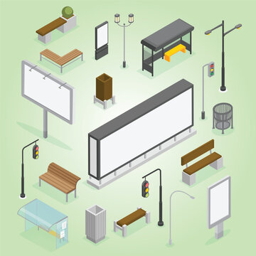 Isometric city elements isolated traffic light street lights public transport stop and billboards part design bushes and tree flawless vector set