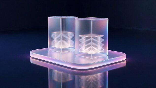 Glowing transparent server rack on a platform, symbolizing colocation hosting service, secure data center infrastructure, and futuristic network storage.