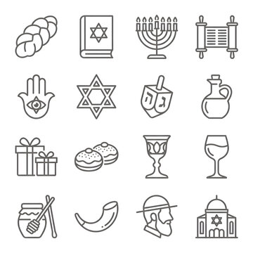 Set of Jewish holiday icons and religious symbols in thin line style