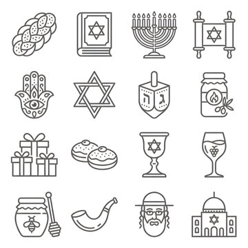 Set of Jewish holiday icons featuring religious symbols and traditional cultural elements