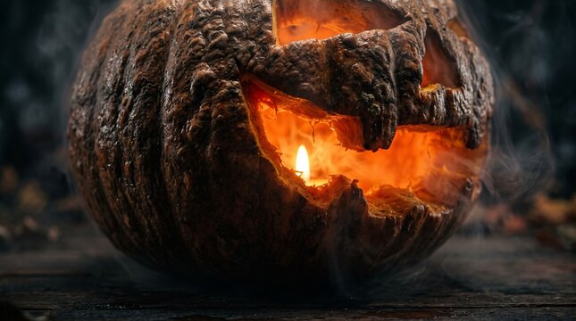 Close-Up Side View of an Evil Glowing Jack-o'-Lantern Pumpkin