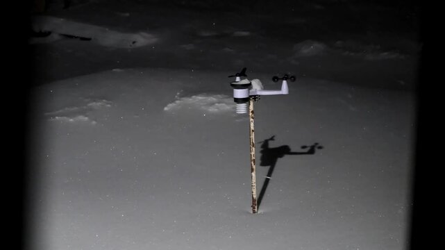 Wireless weather station in night snowstorm. Sensors of temperature and humidity, Rain gauge and snow, Wind speed and direction. Climate monitoring, atmospheric research, Meteorological equipment. 4K.
