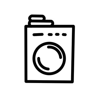 Washing machine home appliance line icon for laundry and household cleaning.