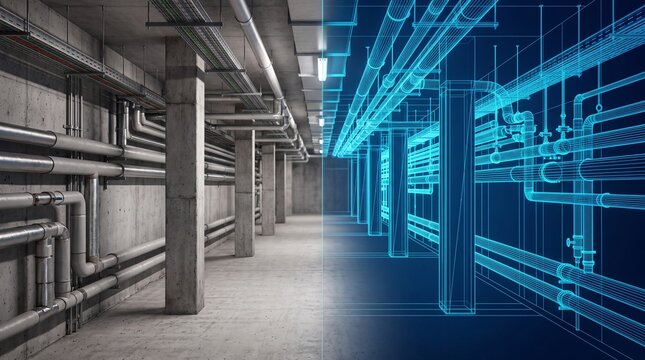 Futuristic industrial space featuring pipe installations and digital overlays, showcasing technology in construction.