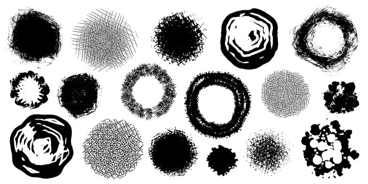 Set of grunge round elements, isolated on white background, rough organic forms, vector design