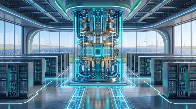 Futuristic quantum computer in a sleek, modern environment with advanced technology and bright, glowing elements.