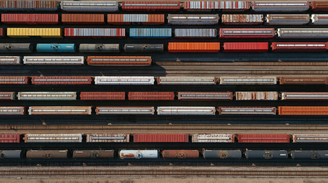 Aerial view of colorful freight train cars parked on parallel railway tracks at a rail yard.