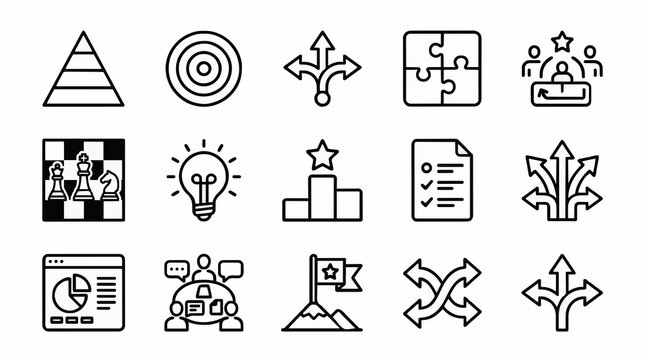 Strategic decision making goal management and business planning outline icon collection