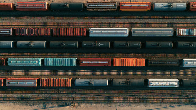 Aerial top-down view of a busy freight rail yard with colorful cargo train cars on tracks.