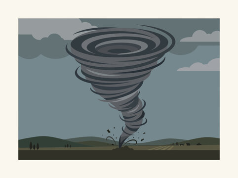 Powerful Dark Tornado Swirling Over Flat Landscape Vector Illustration.