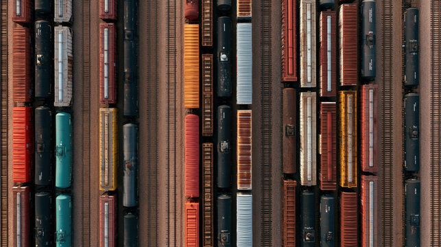 Aerial top-down view of freight train cars parked on parallel railway tracks at a rail yard