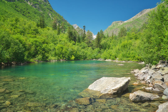 Transparent turquoise Baduk lake in Dombay lies near green forest under a clear blue sky. Alpine Teberda wilderness landscape