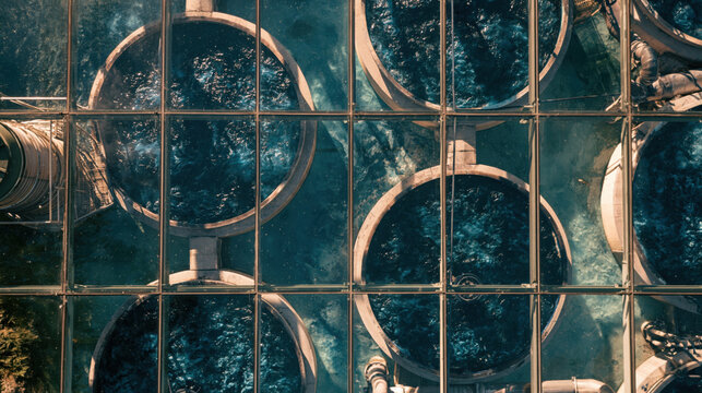 Top down drone view of circular glass roof panels with modern architectural design patterns.