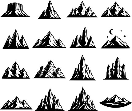 Mountain silhouette. Black outline minimal mountains shape for banner border and scenic backdrop. Isolated vector set, transparent background EPS version.