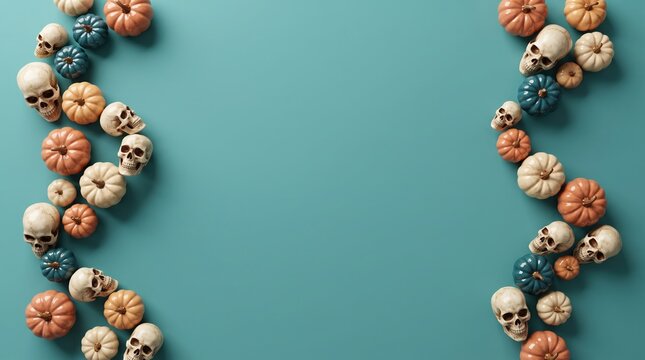 Teal background framed with colorful pumpkins and skulls