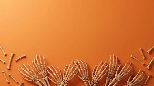 Skeleton hands and bones on orange background